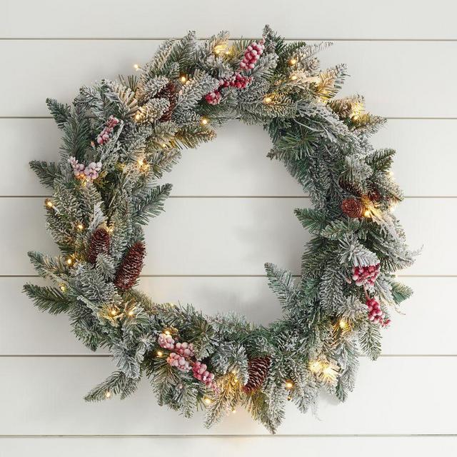 Pre-Lit Faux Frosted Pine & Berries Wreath, 28"