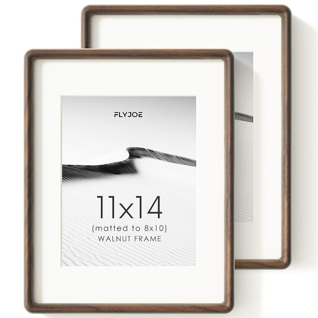 FLYJOE 11x14 Picture Frame Set of 2, Natural Solid Walnut Wood Photo Frame with Tempered Glass, Handcrafted Rounded Corner 11 x 14 Frame Matted to 8x10 Photo, Horizontal or Vertical Wall Mounting