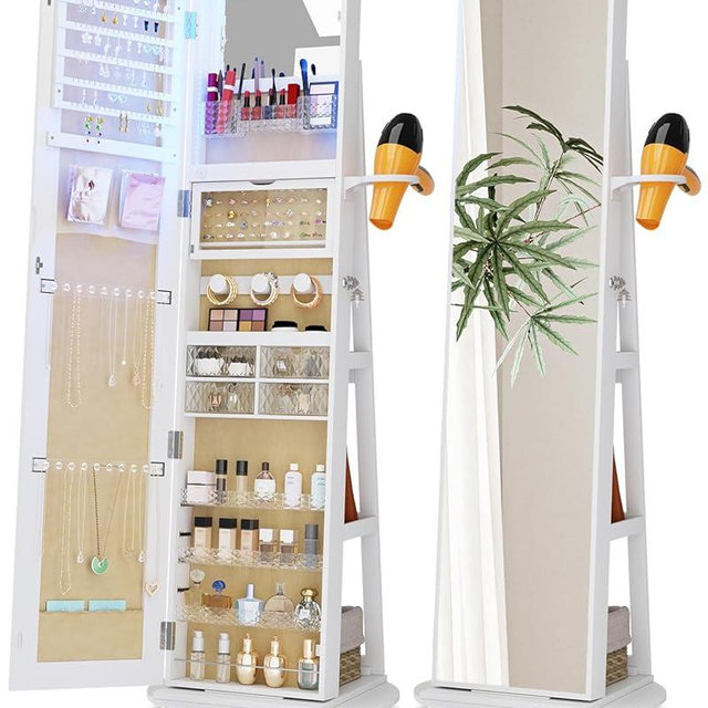 SKKTKT Full Length Mirror with Jewelry Storage, 360° Rotating Jewelry Armoire Organizer with Lights, Lockable Mirror Jewelry Cabinet Standing, Jewelry Mirror Cabinet for Christmas Gifts (White)