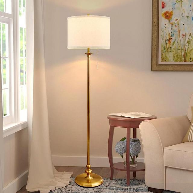 Luvkczc Modern Floor Lamp, Tall Standing Lamp for Living Room with Fabric Lamp Shade, Corner Reading Lamp for Bedroom, Office, Dining Room, Farmhouse (Bulb Included) (Gold)