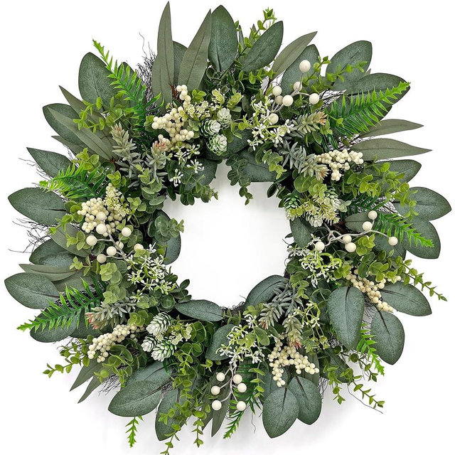 24 Inch Greenery Wreaths for Front Door – Artificial Eucalyptus Wreath with White Berries and Mixed Green Leaves, Year-Round Farmhouse Indoor Outdoor Door Wreath for Spring Summer Home Decor
