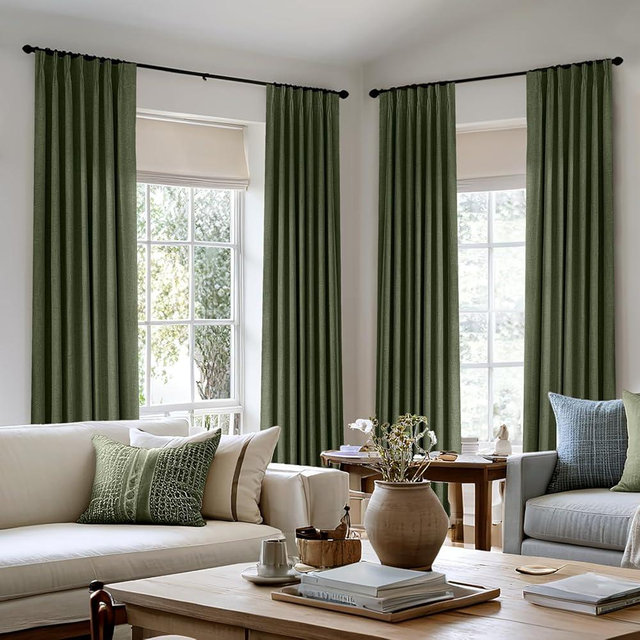 MIULEE Olive Green Pinch Pleated 100% Blackout Linen Curtains 90 Inch Length 2 Panels Set, Dark Green Pleat Curtains with Pin Hooks, Black Out Room Darkening Drapes for Bedroom Living Room Window