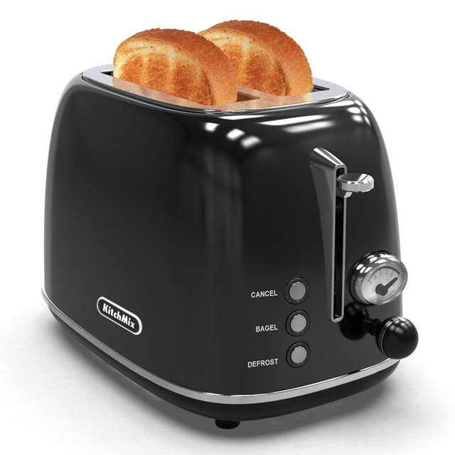 Toaster 2 slice,Retro Stainless Steel Toaster with 6 Settings, 1.5 In Extra Wide Slots, Bagel/Defrost/Cancel Function, Removable Crumb Tray (Dark)