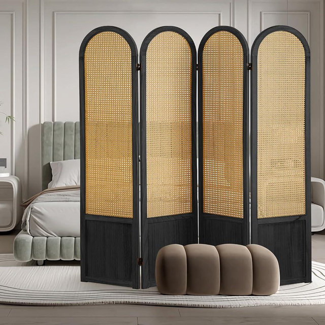 ALeesing 4 Panel Room Dividers and Folding Privacy Screens, Hand-Made Rattan Room Divider with Bi-Directional Hinge, Pre-Assembled Wood Room Divider Wall for Home Office Bedroom, Black