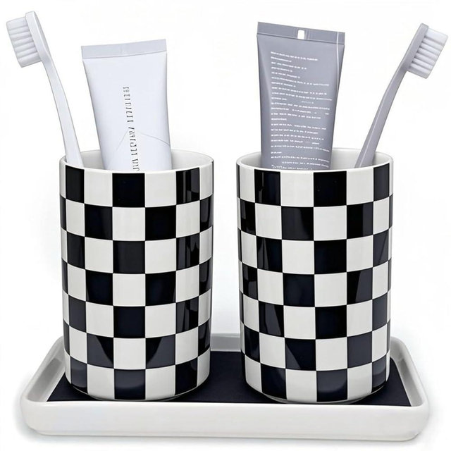 Toothbrush Holders for Bathrooms, Bathroom Toothbrush Holder set, Modern Cute Ceramic Toothbrush Cup with Tray for Countertop Organizer, Toothbrush and Toothpaste Holder Sets, Checkered Bathroom Decor