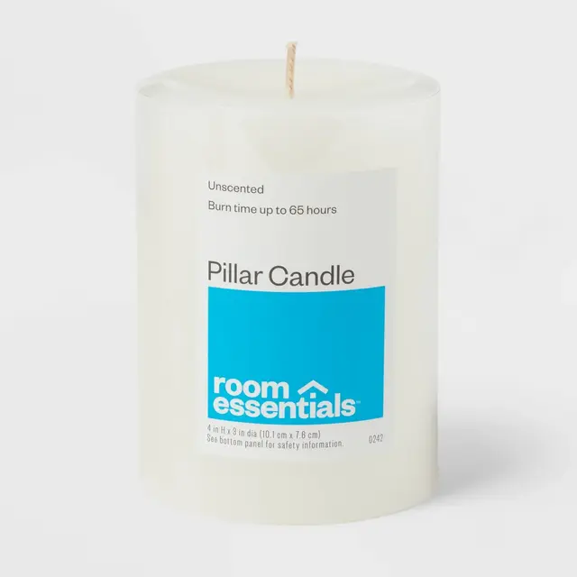3" x 4" Unscented Candle White - Room Essentials™: Paraffin Wax, 65hr Burn Time, Single Wick Pillar