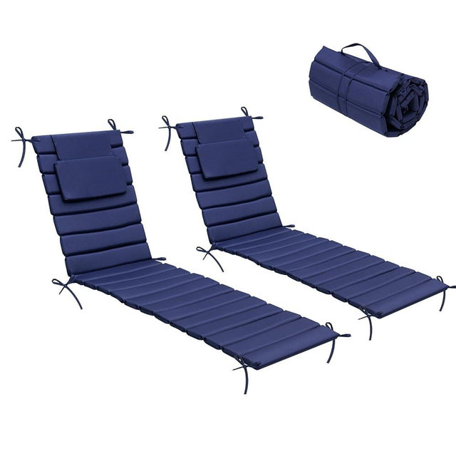 Crestlive Products Chaise Lounge Cushion Outdoor Set of 2, Waterproof Foldable Pool Lounge Chair Cushions with Straps, Lounger Cushions for Outdoor Furniture, Patio, Lawn, 71''Lx21''W (Navy)