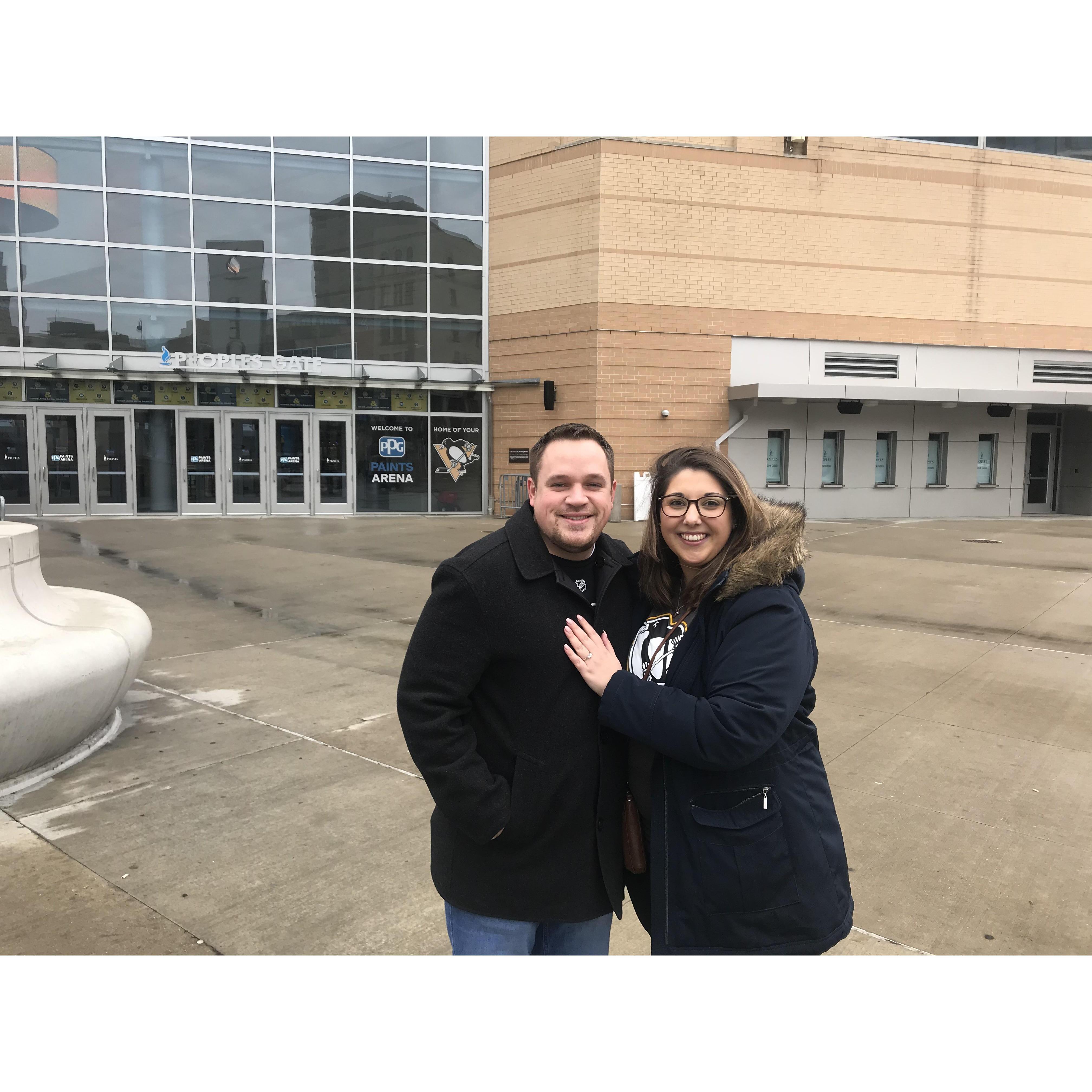 Mike proposed! Shelby said yes!

Mike also lied and said there was a Pens game that day to get Shelby to 5th Avenue. PPG Paints Arena was where we saw Michael Buble and fell in love with each other.