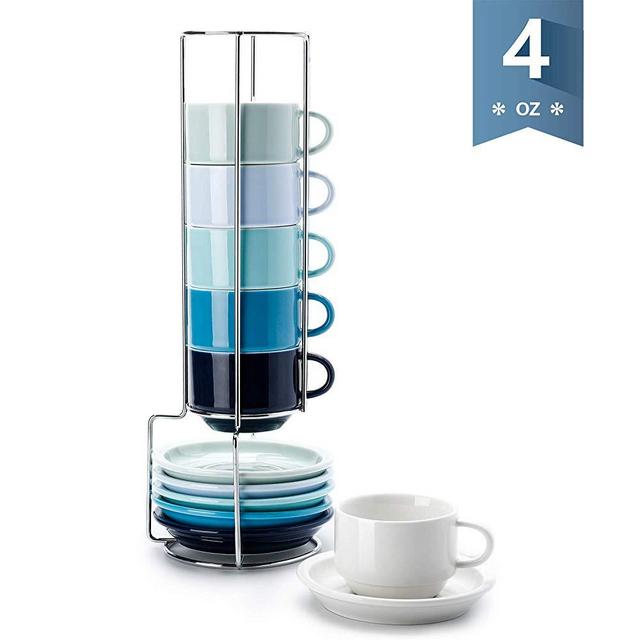 Sweese 405.003 Porcelain Stackable Espresso Cups with Saucers and Metal Stand - 4 Ounce for Specialty Coffee Drinks, Single/Double Espresso, Cappuccino, Latte and Tea - Set of 6, Cool Assorted Colors