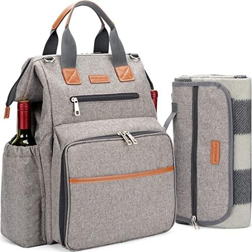 HappyPicnic Picnic Backpack for 4 Person Set Pack with Insulated Waterproof Pouch for Family Outdoor Camping - Khaki