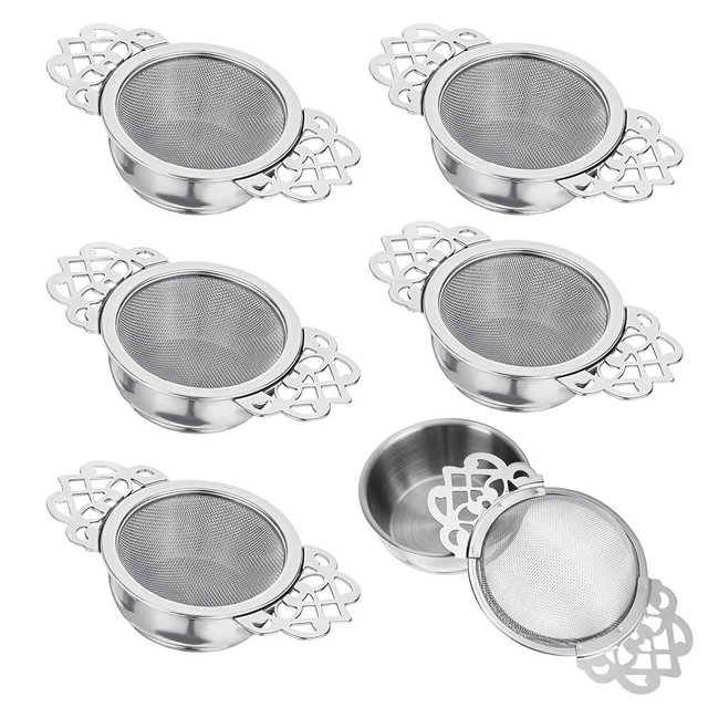 6 Pack Tea Filter Strainers Stainless Steel Loose Tea Infusers 2.5 Inch Tea Steeper with Double Wing Extender and Drip Bowl Sliver Small Fine Mesh Tea Strainers for Loose Tea Juice Coffee Filter