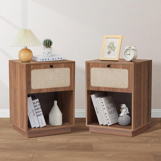SUJOUCRAFT 16" Nightstands Set of 2, Mid-Century Vintage Wooden Night Stand with Drawer and Open Shelf, Linen Decor Farmhouse Side Table End Tbale for Bedroom, Dorm, Living Room (Walnut)