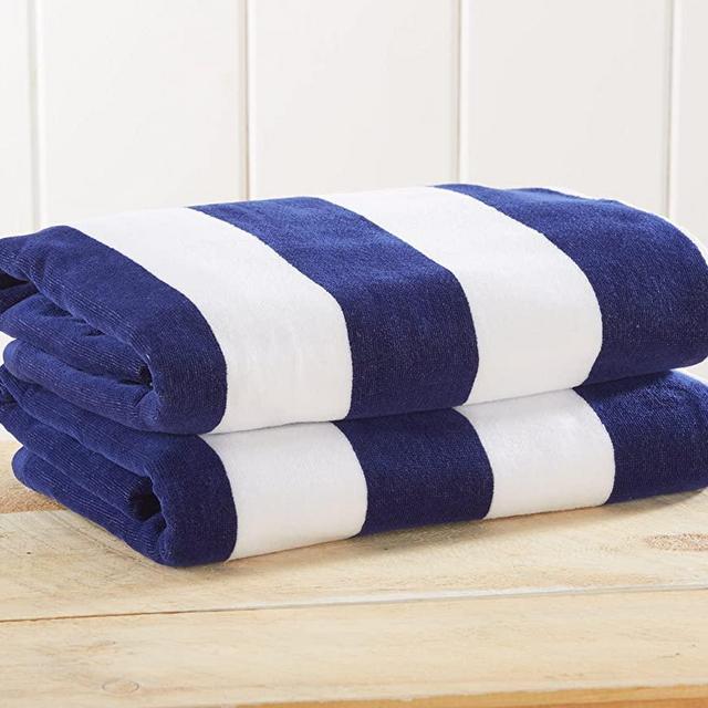 2 Pack Plush Velour 100% Cotton Beach Towels. Cabana Stripe Pool Towels for Adults. (Navy, 2 Pack- 30" x 60")