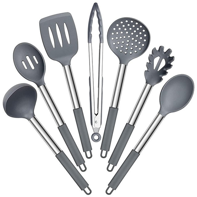 E-far Silicone Cooking Utensils Set, 7 Pcs Heat Resistant Kitchen Utensils with Stainless Steel Handle, Slotted Turner, Spoon, Soup Ladle, Pasta Server, Skimmer, Tongs for Nonstick Cookware, Gray