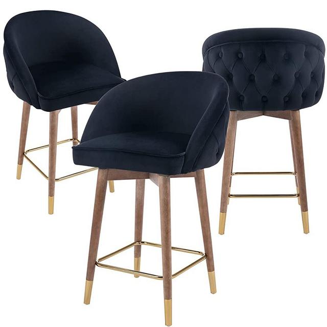 Guyou 26” Swivel Velvet Counter Stools Set of 3, Upholstered Counter Height Bar Stools with Tufted Back Kitchen Island High Chairs with Wood Legs and Gold Footrest for Pub Home Bar Dining Room (Black)