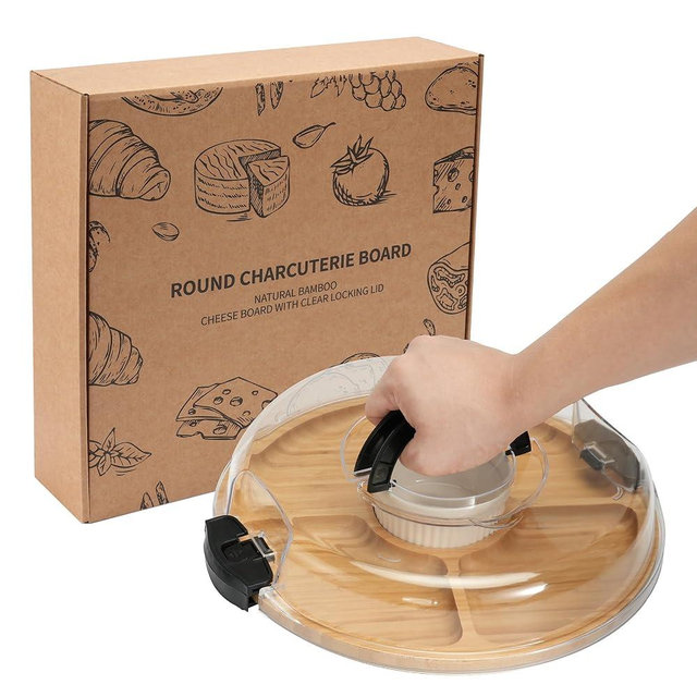 WILLKOMMEN Charcuterie Board with Lid- 5 Compartment Round Serving Tray with Handle & Locking Lid, Portable Bamboo Serving Platter, Serving Dishes for Party Picnic Cheese Snack