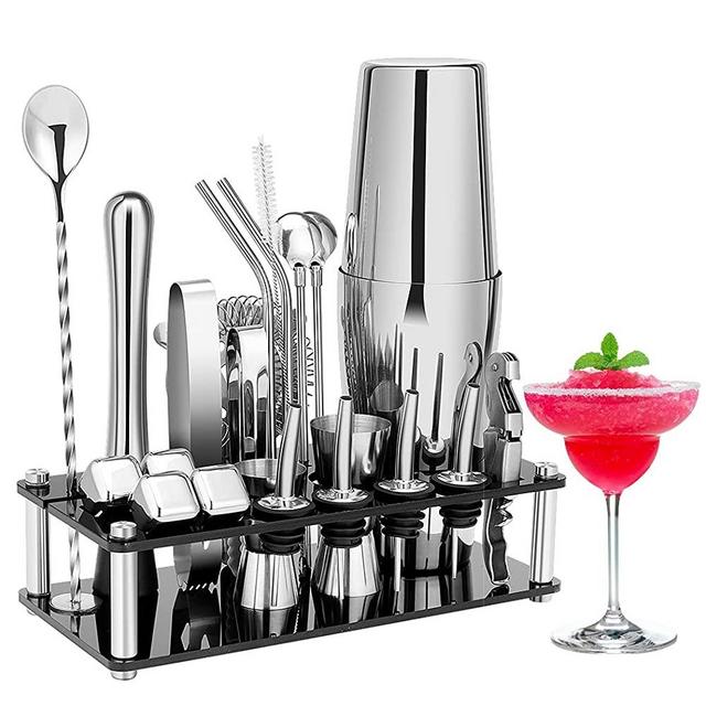 Cocktail Shaker Set, 23-Piece Boston Stainless Steel Bartender Kit with Acrylic Stand & Cocktail Recipes Booklet, Professional Bar Tools for Drink Mixing, Home, Bar, Party (Include 4 Whiskey Stones)