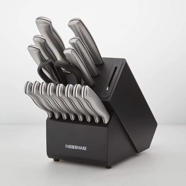 Farberware 5253519 Edgekeeper 16-Piece Stainless Steel Block Set with Built in Knife Sharpener, Black