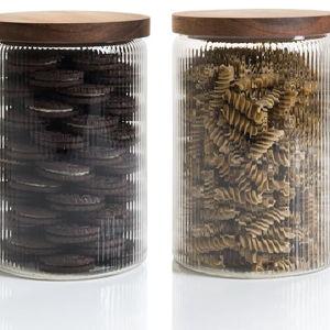 Mason & Fable Ribbed Glass Jar with Wooden Lid 70fl.oz- Set of 2 | Airtight Fluted Storage Container for Cookies, Pasta, Coffee, Dog Treats, Snacks | Organization Canisters for Home & Kitchen