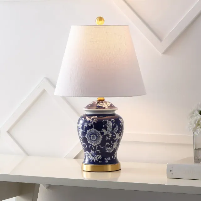 JONATHAN Y Penelope 22" French Country Cottage Ceramic/Iron Chinoiserie Ginger Jar LED Table Lamp, Navy/White