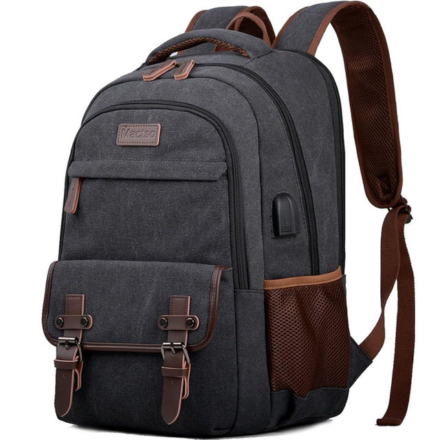 Mactso Canvas Travel Laptop Backpack for Men Women, Business Work Rucksack College School Computer Bag Fits 15.6 Inch Notebook,Bookbag with USB Charging Port (Black, 15.6 Inch)