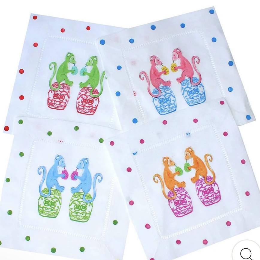 Chinoiserie Monkey Multi Color Linen Cocktail Napkins