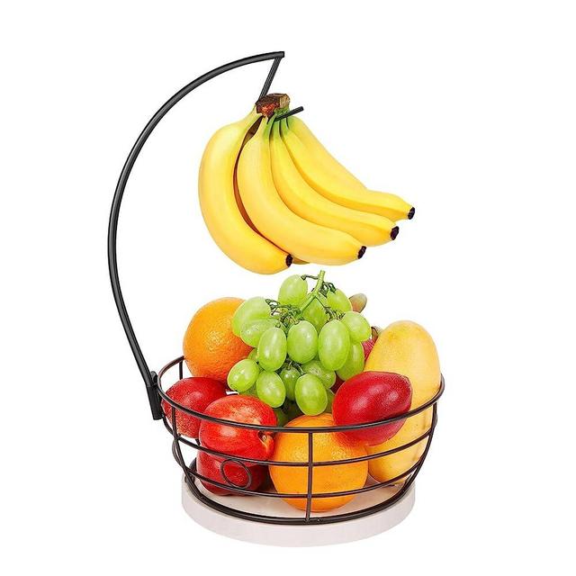 Livabber Countertop Fruit Basket Bowl with Banana Hanger, Modern Standing Fruit Vegetable Bowl Storage with Marble Base, with Banana Tree Holder for Kitchen Dinning Table(Black)