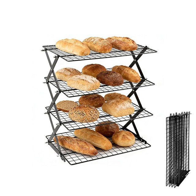 4 Tier Collapsible Cooling Rack with Adjustable 6 Setting Design stackable wire rack for baking sheet for Cookies Baking Gifts for Women (Black, 4-Tier)