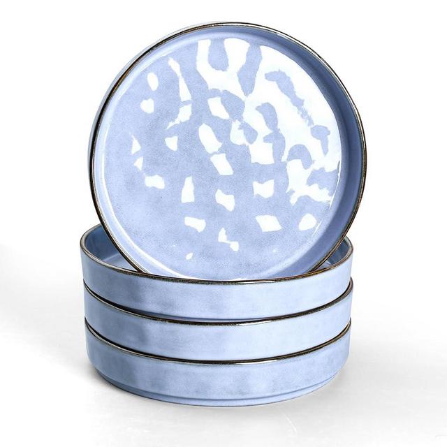 E-far Pasta Bowls Set of 4, 35oz Shallow Salad Bowls for Dinner Serving, 8.25" Stoneware Ceramic Bowl Plates for Noodle Soup, Microwave & Dishwasher Safe, Reactive Glaze, Blue