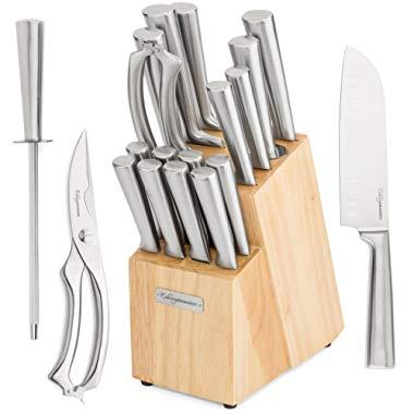 17 Piece Chef Knife Set - Includes Solid Wood Block, 6 Stainless Steel Kitchen Knives, Set of 8 Serrated Steak Knives, Heavy Duty Poultry Shears, and a Carbon Steel Sharpening Rod