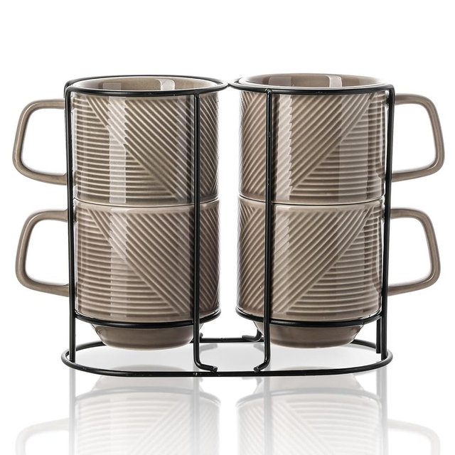 Adewnest Stackable Coffee Mugs with Rack: 13 oz Stacking Ceramic Cups with Stand - Porcelain Stacked Tea Mug Set of 4 (Grey)
