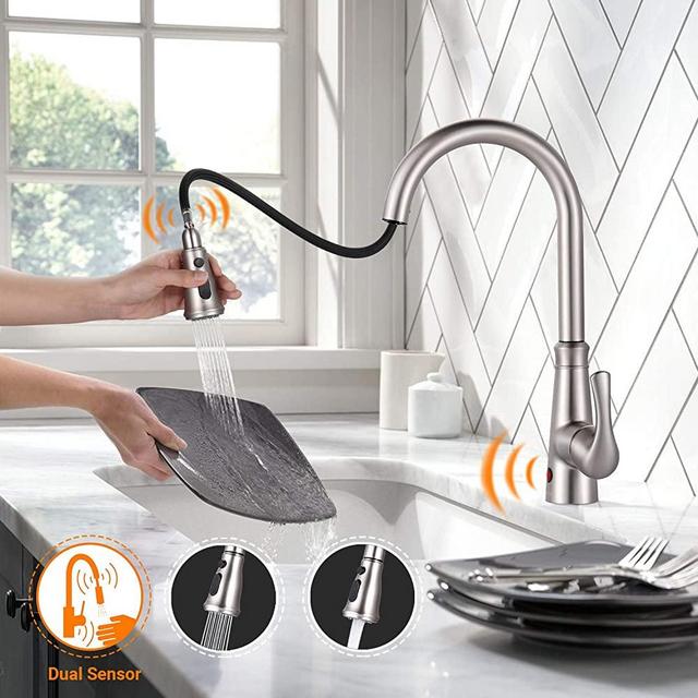 Kitchen Sink Faucet Touchless, Dalmo Kitchen Faucet Brushed Nickel with Fingerprints Resistant, Single Handle Sensor Kitchen Sink Faucet with 3 Modes Pull Down Sprayer & Metal Deck Plate