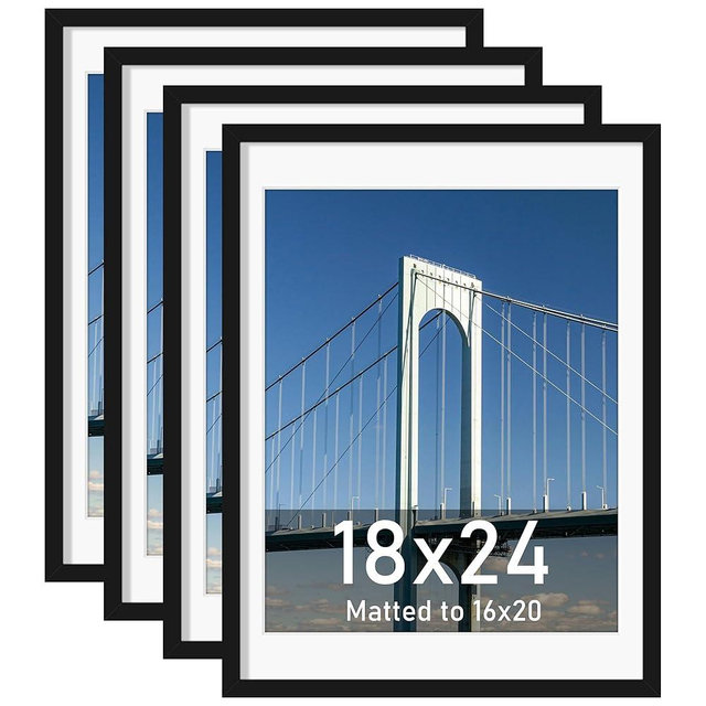 Wiscet 18x24 Poster Frame Set of 4, Display Picture 16x20 with Mat or 18x24 Without Mat, Photo Frame for Horizontal or Vertical Wall Display, Black