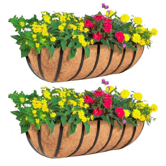 ZVOWOS 2 Pack 16" Railing Planter Window Box with Coco Fiber Liner Horse Trough Planter The Railing Planter Boxes for Deck Porch Fence Outdoor