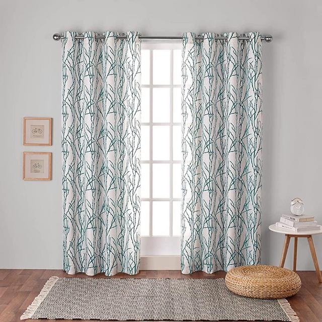 Exclusive Home Branches Linen Blend Grommet Top Curtain Panel Pair, 54"x96", Teal