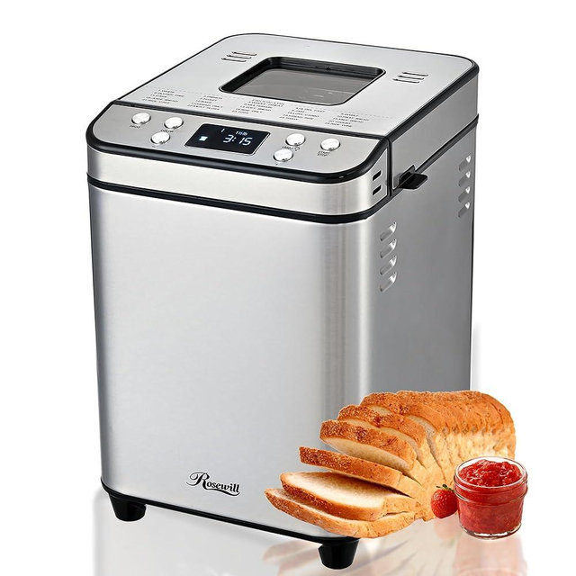Rosewill 25-in-1 Automatic Bread Maker Machine with 3 Loaf Size up to 2 Lb, 700W High Power Dual Heater Bread Maker with BPA-free Nonstick Coating Pan, Max 15 Hours Delay Timer, Low Noise - Silver