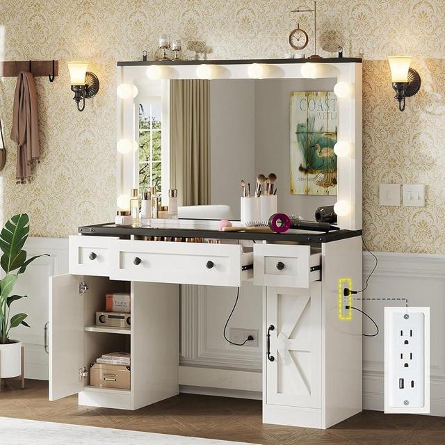 LUXOAK 43" Farmhouse Makeup Vanity Desk with Glass Tabletop, Vanity Storage Table with Charging Station & Adjustable Shelves, Large Vanity with Mirror & 10 Hollywood Lights for Bedroom, Antique White