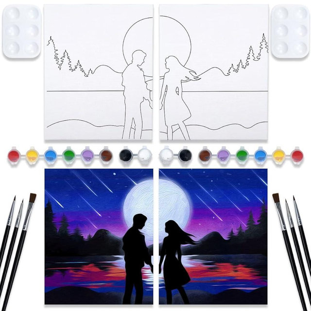 VOCHIC Couples Paint Party Kits Pre Drawn Canvas for Adults Paint and Sip Date Night Games for Couples Painting kit 8x10 Date Nighet Girl Boy Valentine's Day2 Pack