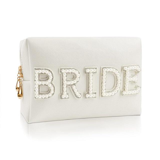 Bride Patch Letter Makeup Bag for Women Small White Pearl Rhinestone Bridesmaid Cosmetic Toiletry Bag Cute PU Leather Travel Make Up Bag Pouch for Purse Bridal Shower Gifts for Engagement Wedding