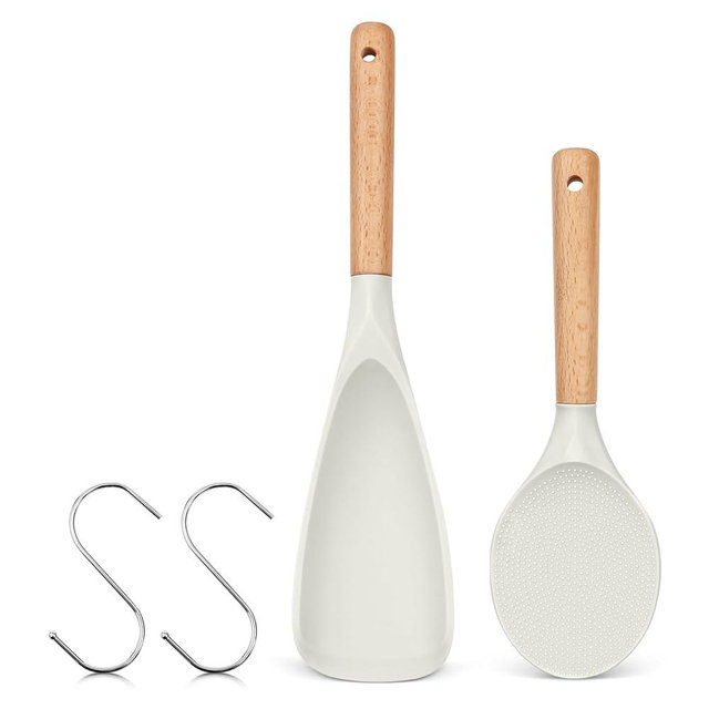 Cooking Spoon And Rice Scooper for Nonstick Cookwares, Great for Cooking and Serving Durable BPA-Free Matte White Silicone, Wood Handle Spoon for Mixing, Scoop, and Scrape