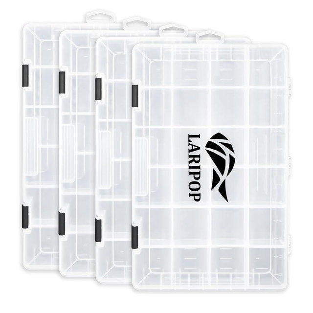 LARIPOP Fishing Tackle Box Set with Adjustable Dividers, Transparent Organizer Tray, Plastic Tool Box, Bait Separator -Angler's equipment lure box - 4 Packs Tackle Trays - Parts Box