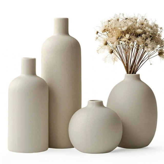 Modern Ceramic Vase Set, Neutral Colors, Decorative Vases for Home Decor, 4 Piece Collection (Beige)