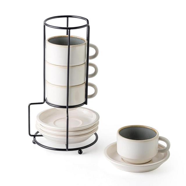 JIEMEI HOME Porcelain Stackable Espresso Cups with Saucers and Metal Stand, 4 Ounce Demitasse Cups for Specialty Coffee Drinks, Latte, Cafe Mocha Tea-Set of 4, Stackable Espresso Mugs, White & Green