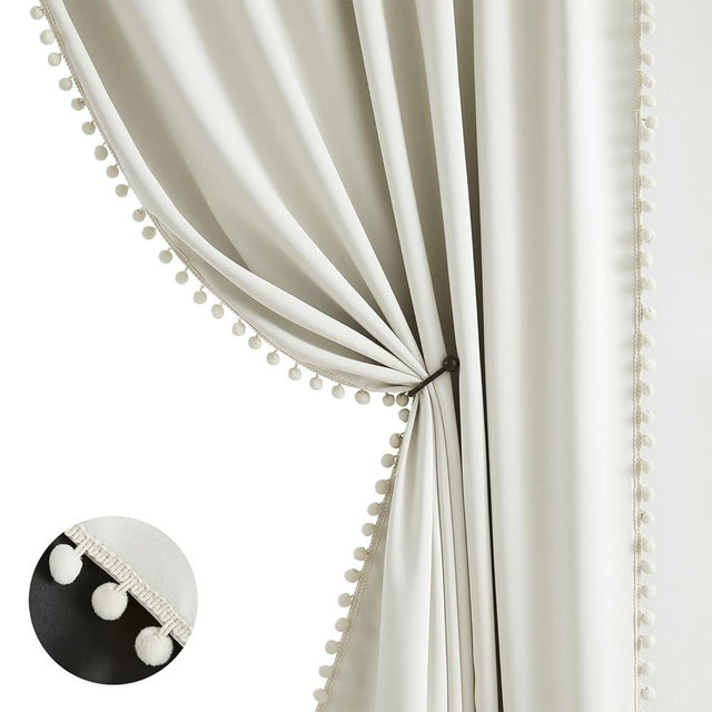 Natural Blackout Curtains for Bedroom Living Room 84inch Long Iovry/Beige Pom Pom Curtain Panels for Windows Thermal Insulated Curtains for Kids Nursery Room Rod Pocket 52" W x 2pcs