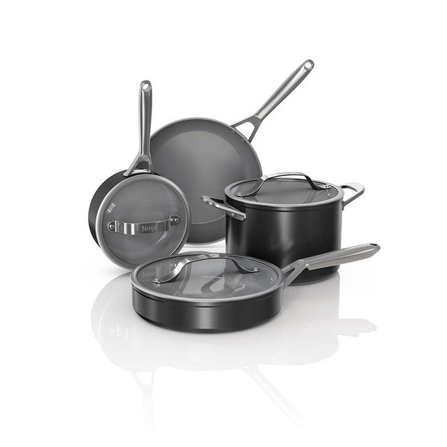 Ninja NeverStick Ceramic Pro 7-Piece Cookware Set, Non-Stick Pots, Pans, Glass Lids, Ceramic Coated, Stainless Steel Handles, Stove to Oven Safe, All Stovetops & Induction Compatible, Black, CW39007BK