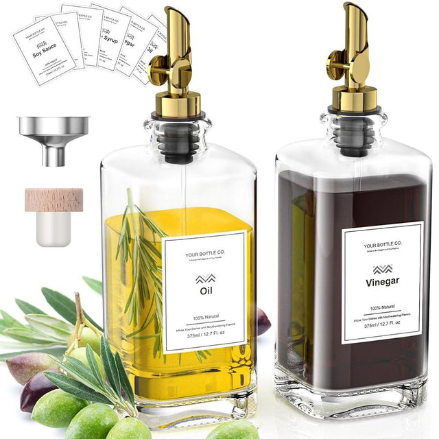 AYOTEE Olive Oil Dispenser Bottle for Kitchen,2 Pcs Olive Oil Bottle for Cooking with 2 Stainless Steel Oil Dispenser Spout,12 Labels,Cork,Funnel Olive Oil Cruet Bottle, Oil and Vinegar Set