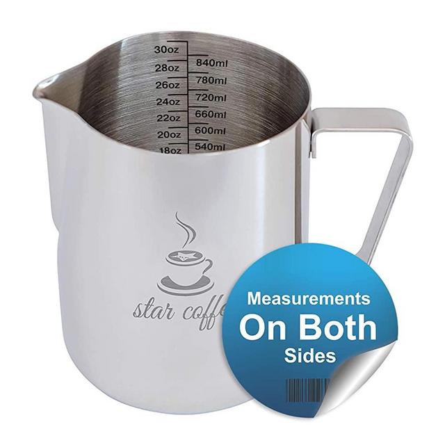 Star Coffee 30 or 12oz Stainless Steel Milk Frothing Pitcher - Measurements on Both Sides Inside Plus eBook & Microfiber Cloth - Perfect for Espresso Machines, Milk Frothers, Latte Art