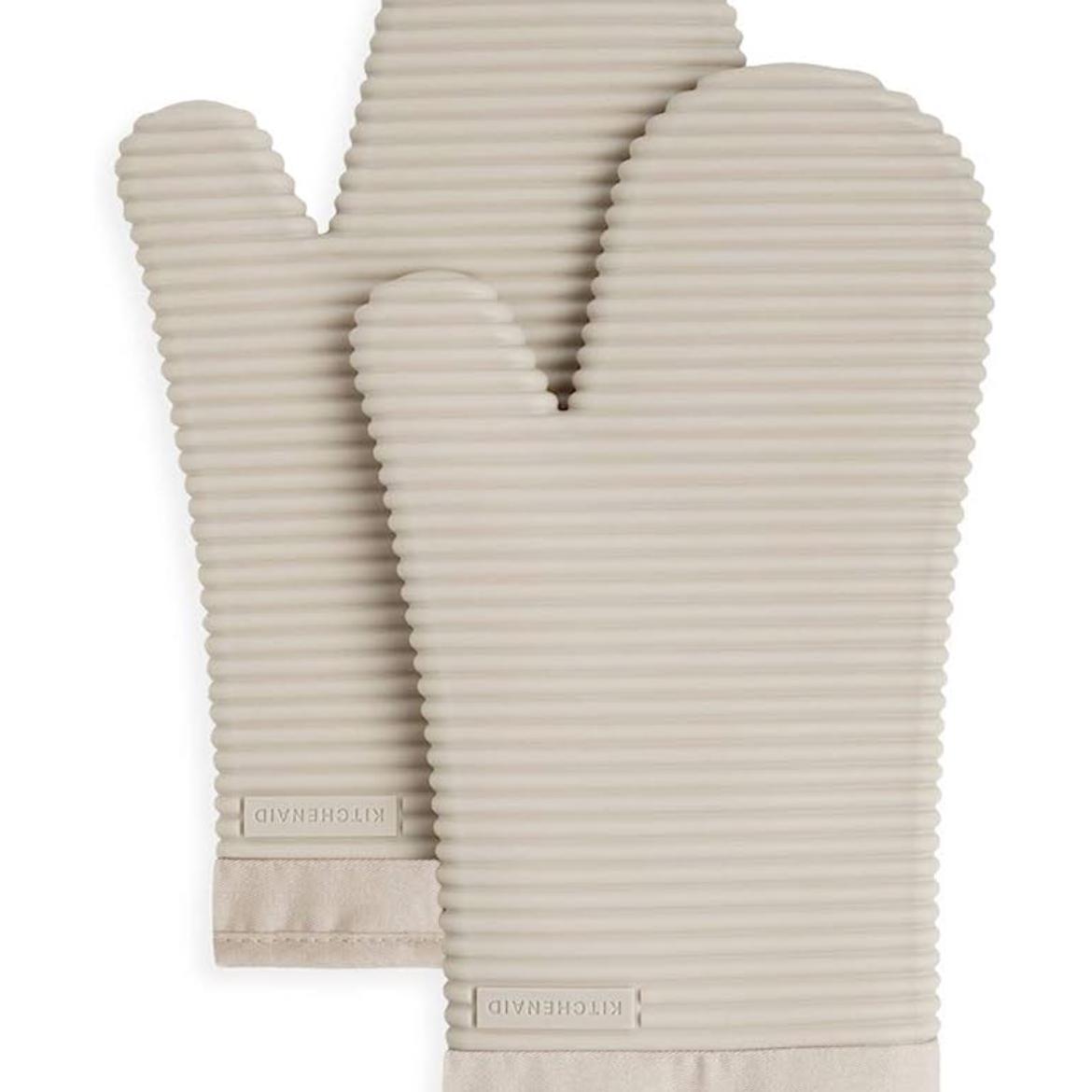 KitchenAid Ribbed Soft Silicone Oven Mitt Set, 7"x13", Milkshake 2 Count