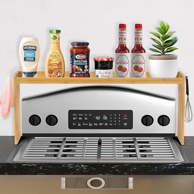 LByng Bamboo Stove Top Shelf - Over the Stove Shelf for Kitchen, 31" Countertop Spice Rack Organizer Shelf, Stove Shelf Kitchen Space Savers, Protective Lips with 6 Hooks, Easy to Assemble
