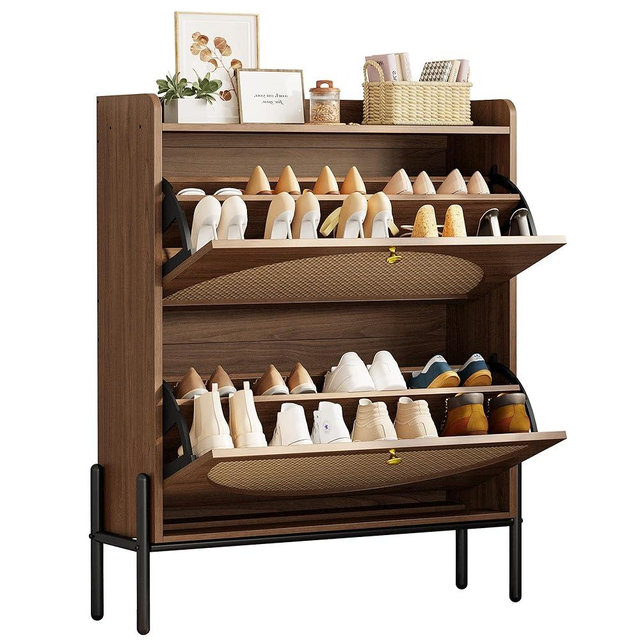 IRONCK Shoe Cabinet Storage with 2 Flip Drawers, Free Standing Wooden Shoe Storage Organizer Cabinet with Rattan Doors for Entryway, Narrow Shoe Rack Cabinet, Walnut